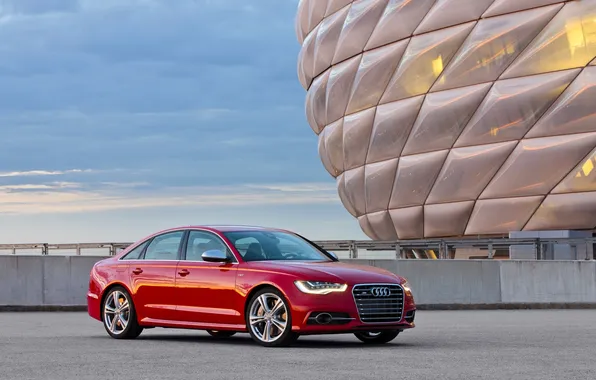 Картинка Audi, Красный, Германия, Седан, Автомобиль, Стадион