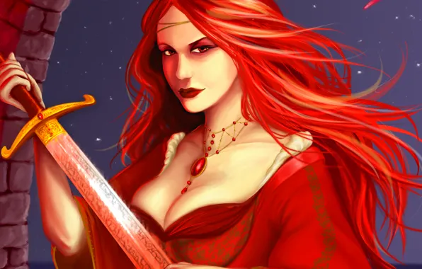 Картинка взгляд, девушка, узоры, меч, платье, арт, украшение, красные волосы
