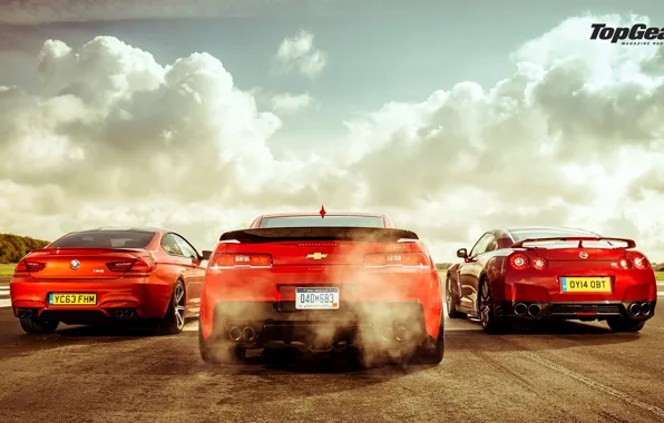 Картинка Top Gear, Red, Cars, BMW M6, Nissan GT-R, Track, Rear, Chevrolet Camaro Z28