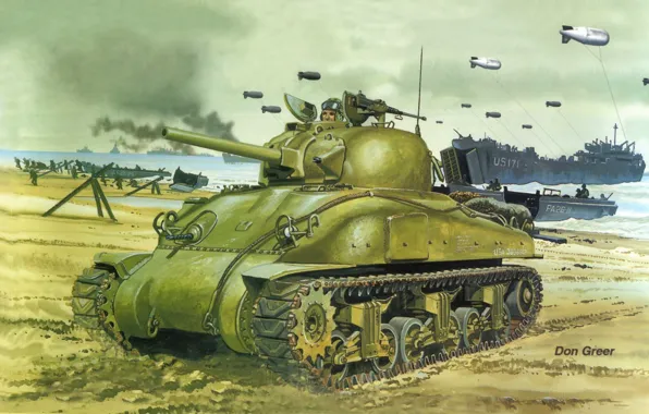 Прибытие, после, войска, Шерман, M4 Sherman, Оверлорд, 6 июня 1944г., Нормандская операция