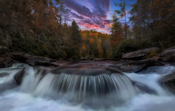 Картинка осень, лес, пейзаж, закат, природа, река, камни, водопад