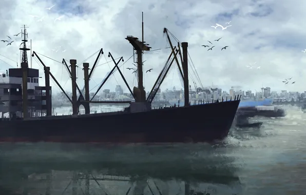 Порт, Рисунок, Судно, Арт, Singapore, 1950, Abdulrahman (Nour) Noureldin, Looking at Singapore Port 1950