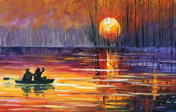 Картинка деревья, закат, озеро, люди, лодка, Leonid Afremov