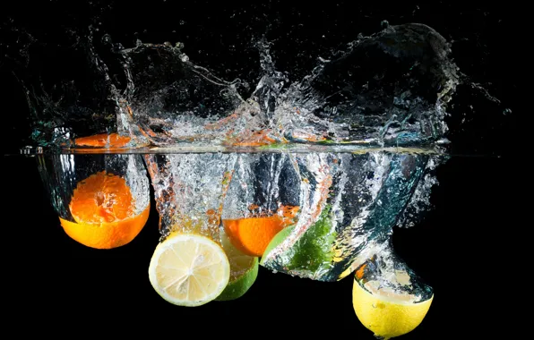 Картинка вода, брызги, лимон, апельсин, лайм, цитрусы