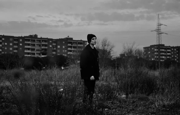 City, man, melancholy, buildings, power line