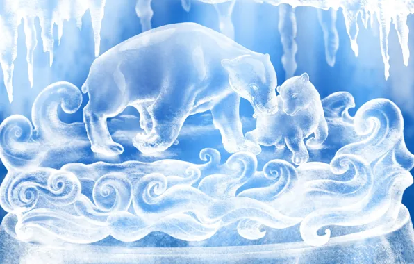 Белый, снег, синий, рисунок, Медведи
