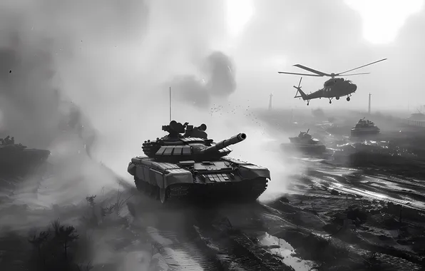 Картинка Пыль, Дым, Вертолет, Грязь, Танки, Цифровое искусство, Черно-белое, ИИ-арт