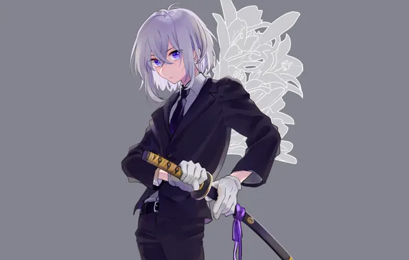 Цветы, лилии, меч, катана, парень, серый фон, Touken Ranbu, Танец Мечей