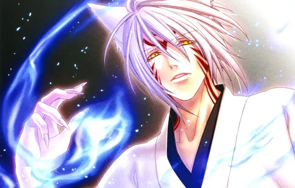 Демон, тату, ушки, yuuichi komura, hiiro no kakera, магия воздуха, багровые осколки, длинные белые волосы