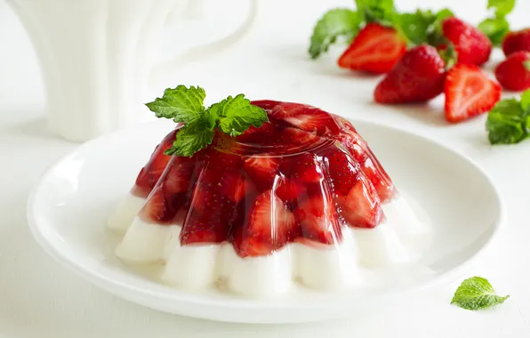 Картинка клубника, десерт, strawberry, mint leaves, листик мяты, клубничное желе, dessert strawberry jam