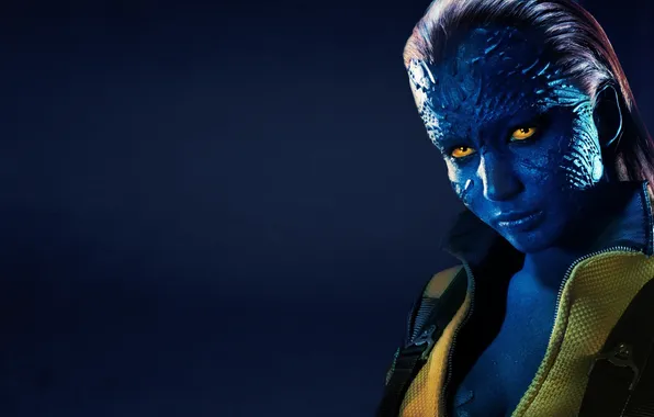 Mystique, желтые глаза, темно-синий фон, Люди Икс: Первый класс, X-Men: First Class