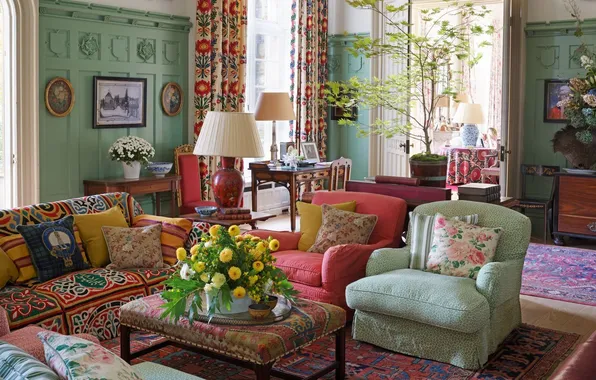 Дизайн, интерьер, гостиная, by Designer Mia Reay, Jacobean Style Castle in England, green-hall, Английский загородный …