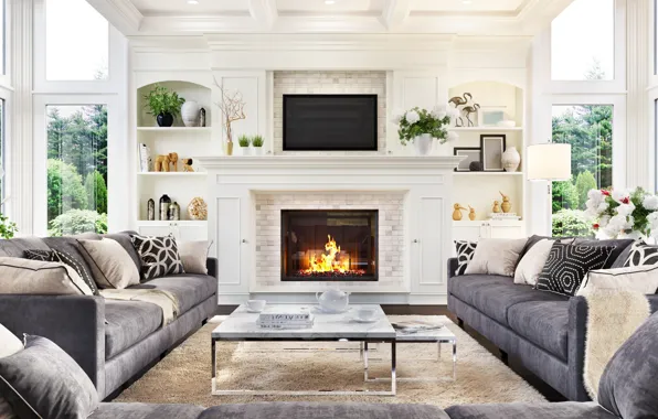 Дизайн, стиль, комната, интерьер, камин, гостиная, мягкая мебель, beautiful house