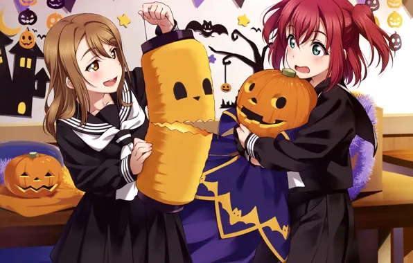 Класс, halloween, школьная форма, две девочки, Love Live!, тыква с глазами, Love Live School Idol …