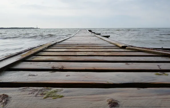 Море, вода, пасмурно, мостик