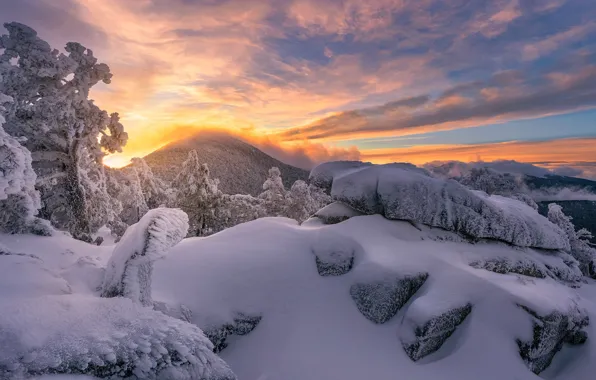 Картинка зима, снег, деревья, закат, горы, камни, сугробы, Испания
