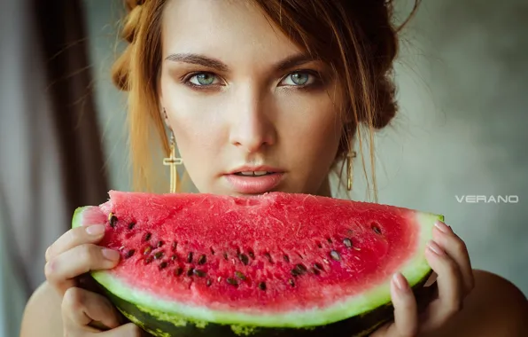 Girl, photo, photographer, food, blue eyes, model, melon, lips