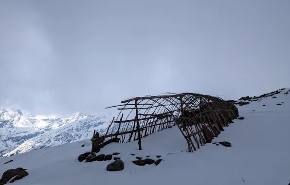 Горы, Развалины, Непал, заснеженные горы, Nepal, брошенное жилище