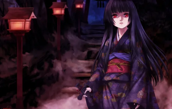 Картинка ночь, фонари, лестница, кимоно, красные глаза, enma ai, jigoku shoujo, Адская девочка