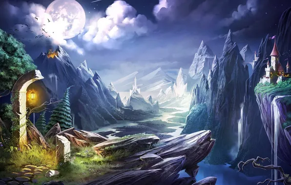 Картинка пейзаж, горы, река, замок, обрыв, скалы, луна, фонарь