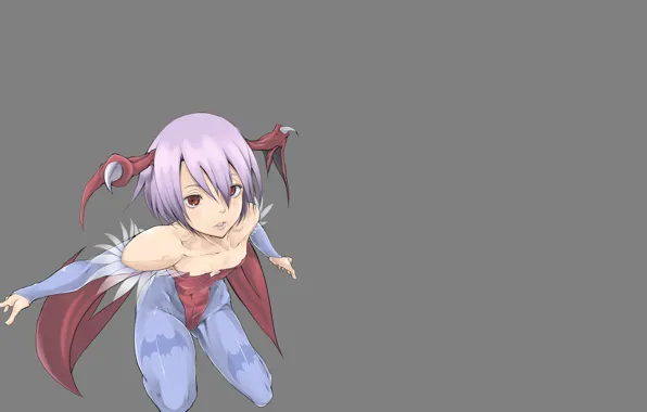 Девушка, минимализм, серый фон, сидит, capcom, darkstalkers, lilith, девушка демон