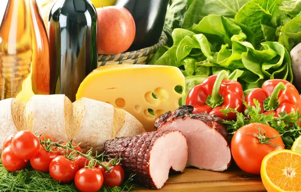 Зелень, вино, сыр, перец, овощи, помидоры, cheese, pepper
