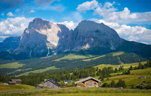 Картинка облака, горы, вершины, деревня, Альпы, домик, голубое небо
