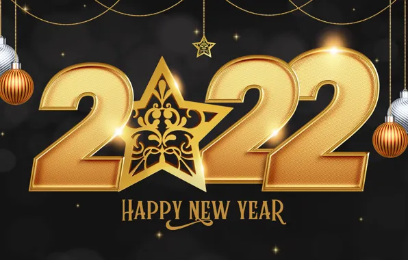 Шарики, фон, звезда, цифры, Новый год, золотые, 2022