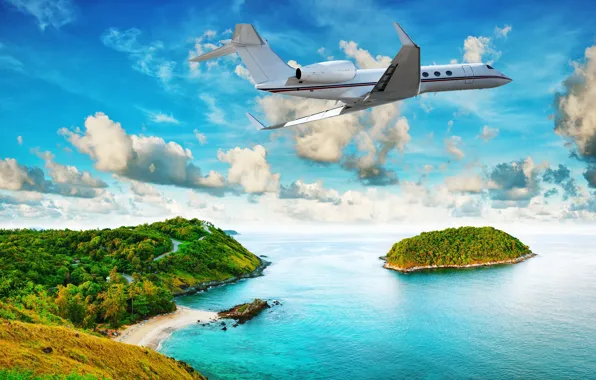 Картинка море, пляж, тропики, Самолет, летящий над островом