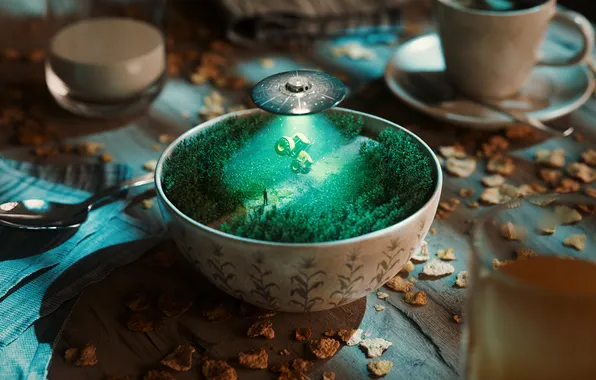 Картинка Fantasy, UFO, Macro, Saucer, Coffee cup, Farm Land