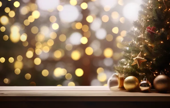 Украшения, фон, шары, елка, Новый Год, Рождество, подарки, golden