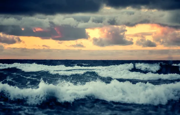 Картинка море, волны, облака, закат, горизонт, waves, sea, sunset