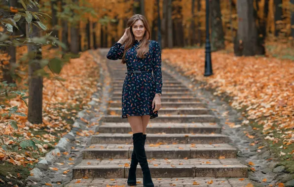Осень, деревья, улыбка, парк, Девушка, платье, ступеньки, ножки