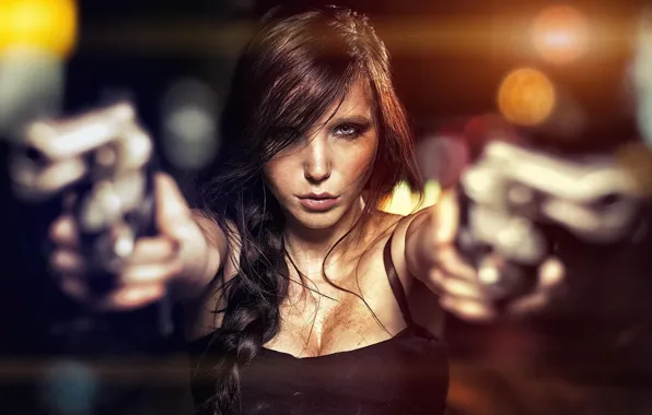 Картинка threat, armed, guns, pistols, lady, woman, pose, Girl