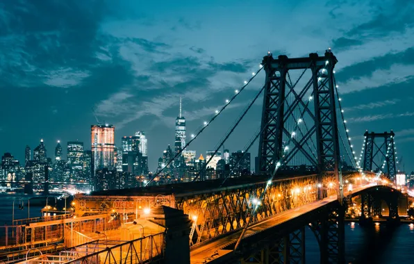 Картинка свет, ночь, мост, город, огни, США, Нью - Йорк