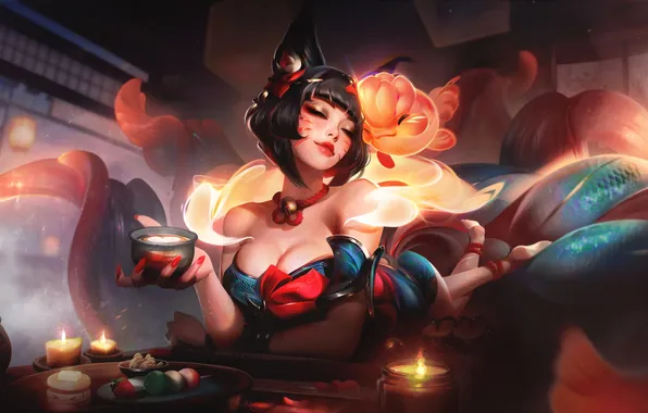 Уют, брюнетка, чашка, декольте, game, character, ушки, бюст