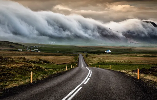 Дорога, небо, облака, тучи, Исландия