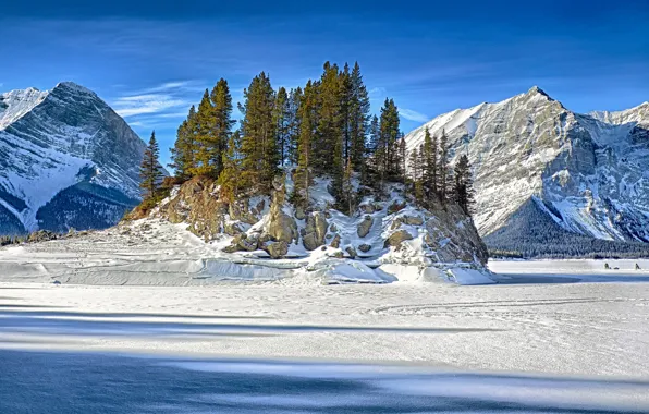 Картинка лед, зима, небо, снег, деревья, горы, скала, озеро