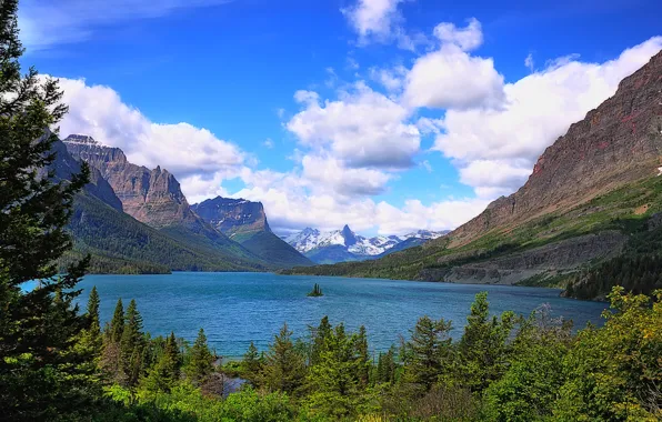 Картинка небо, деревья, горы, озеро, остров