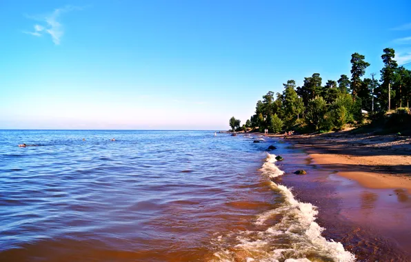 Песок, волны, небо, вода, деревья, озеро, Пляж