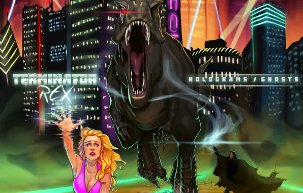 Лучи, город, женщина, здания, динозавр, ghosts, holograms, terminator rex