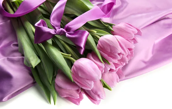 Фиолетовый, букет, тюльпаны, бантик, ленточка