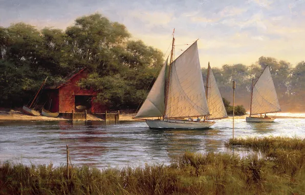 Картинка озеро, река, лодки, парус, живопись, boat house, By The Old Boat House, Don Demers