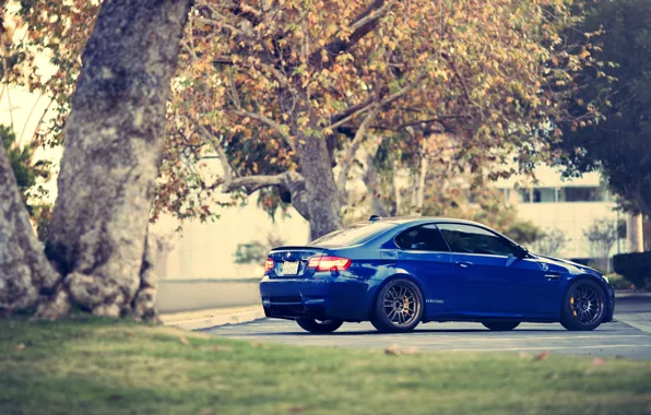 Картинка деревья, синий, бмв, купе, BMW, Coupe, blue, E92