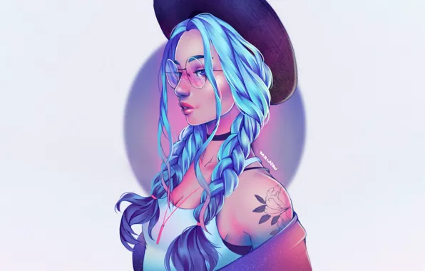Девушка, Минимализм, Рисунок, Очки, Лицо, Girl, Тату, Коса