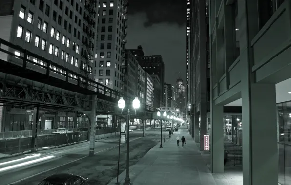 Картинка ночь, город, огни, улица, небоскребы, чикаго, Chicago