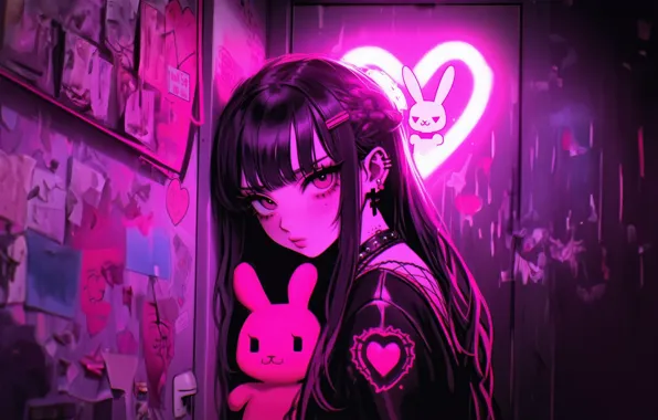 Взгляд, розовый, игрушка, сердце, неон, аниме, кролик, Kawaii