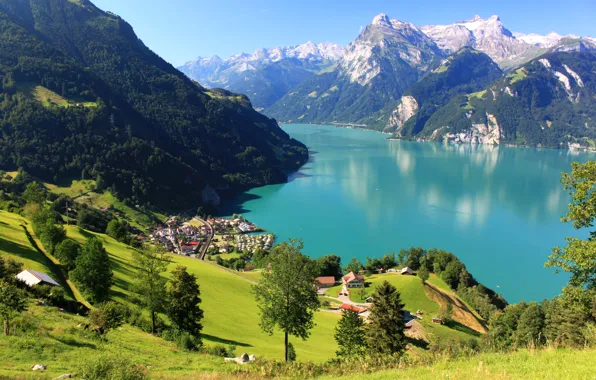 Картинка горы, озеро, поля, дома, Швейцария, склон, панорама, луга