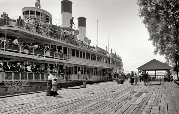 Ретро, корабль, причал, пароход, США, 1900-й год