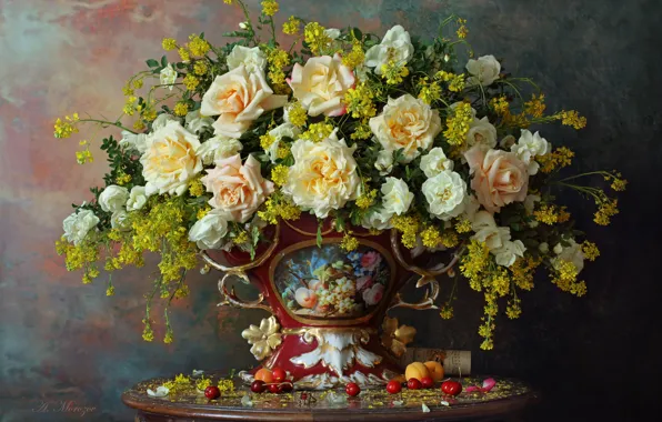 Картинка цветы, стиль, розы, букет, ваза, натюрморт, Андрей Морозов